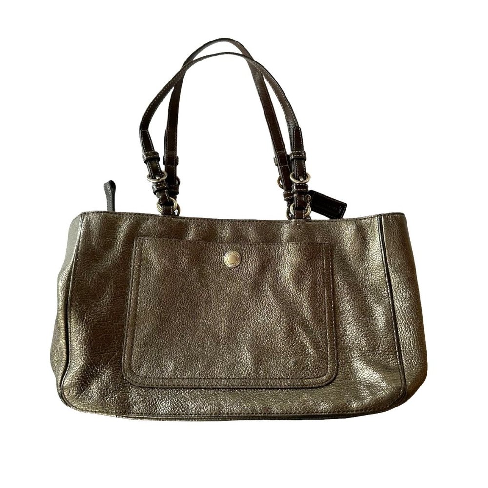Coach Chelsea Tote Handbag Metallic Coated Goat Suede Graphite Silver Leather